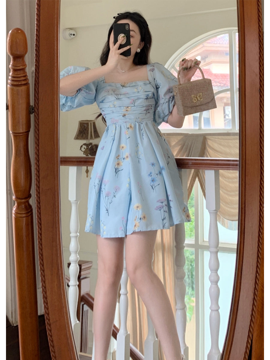 white christmas dresses Puffy Sleeve Floral Mini Dress– The Cottagecore
