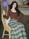 Frilled Halter Knit Top + Plaid Long Skirt 2pcs Set