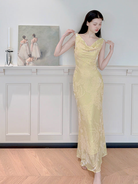Velvet Draped Neck Fishtail Dress - The Cottagecore