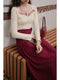 French Embroidery Floral Neck Top +Wine-red Skirt 2pcs Set