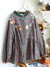 Autumn Vibe Squirrel Embroidered Plaid Blouse