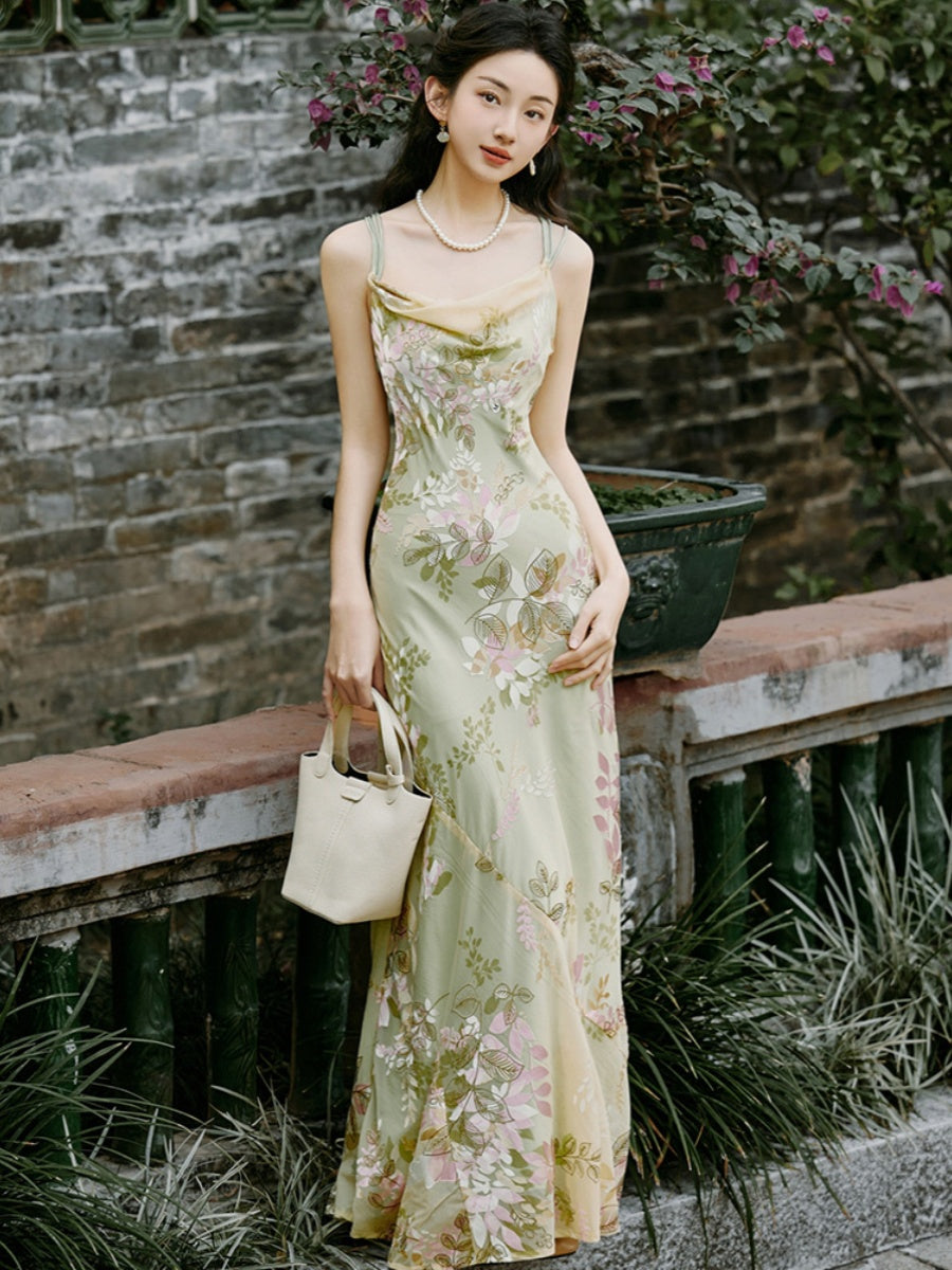 Boho Art Print Vintage Elegant Slip Dress Two Piece Sets