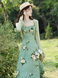 Romantic Green Floral Dress + Ruffled Cardigan 2pcs Set