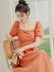 Puffy Sleeve Solid Color Midi Dress