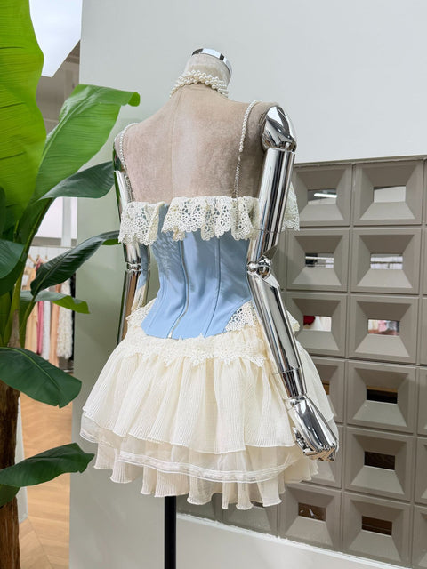 Lace-Trimmed Ruffled Seersucker 2pcs Set - The Cottagecore