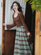 Frilled Halter Knit Top + Plaid Long Skirt 2pcs Set