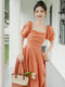 Puffy Sleeve Solid Color Midi Dress