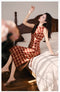 Retro Drawstring Plaid Dress + Knit Cardigan