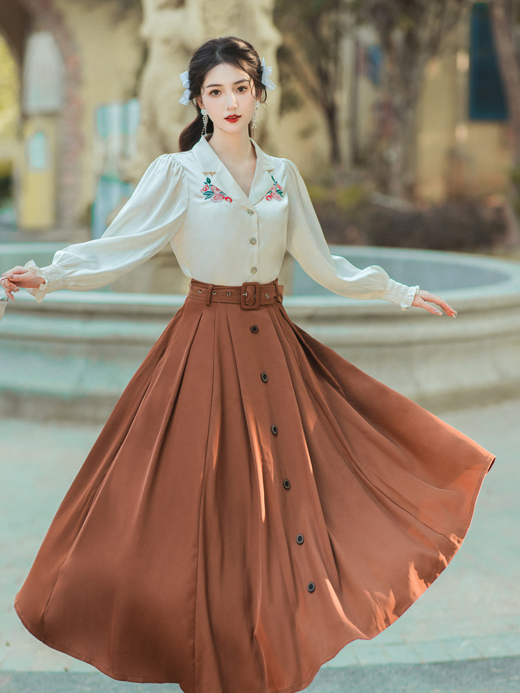 French Vintage Embroidered Dress（Top + Skirt 2Pcs Set）