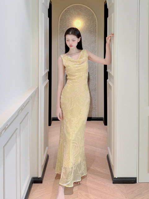 Velvet Draped Neck Fishtail Dress - The Cottagecore