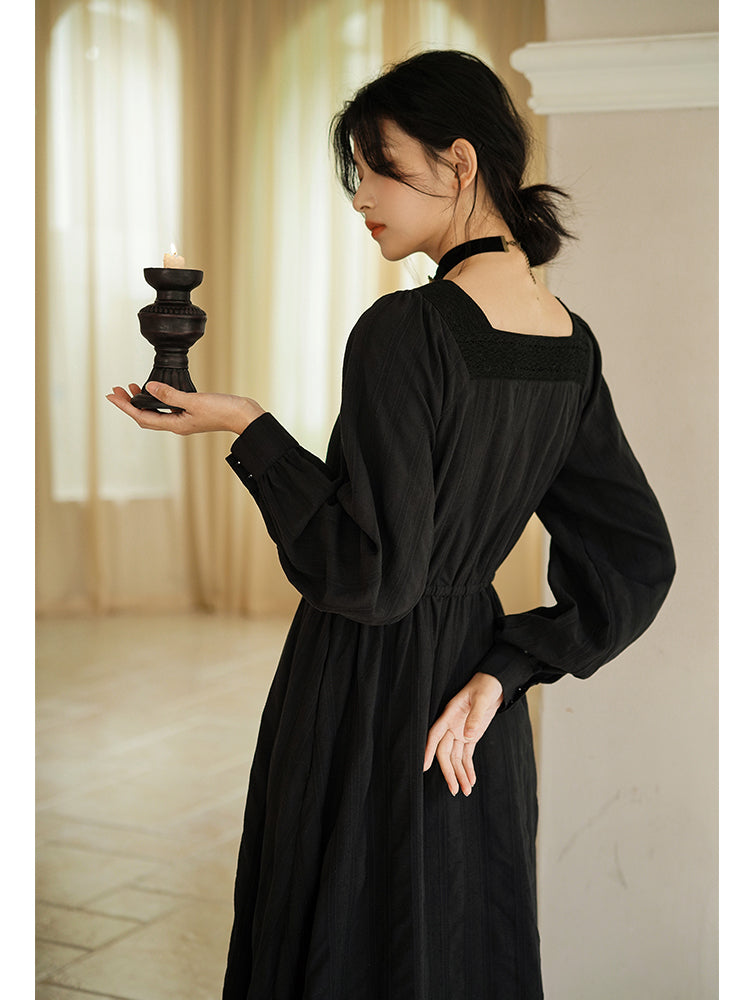 100% Cotton Black Retro Midi Dress– The Cottagecore