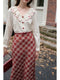 Romantic Ruffled Sleeve Embroidery Shirt + Plaid Fishtail Skirt 2pcs Set