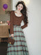 Frilled Halter Knit Top + Plaid Long Skirt 2pcs Set