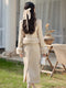 Vintage Faux Fur Sleeve Top + Long Skirt 2pcs Set