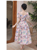 Puffy Sleeve Vintage Colorful Print Dress