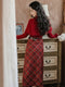 Vintage Caped Knit Top + Plaid Long Skirt 2pcs Set (Belt Included)