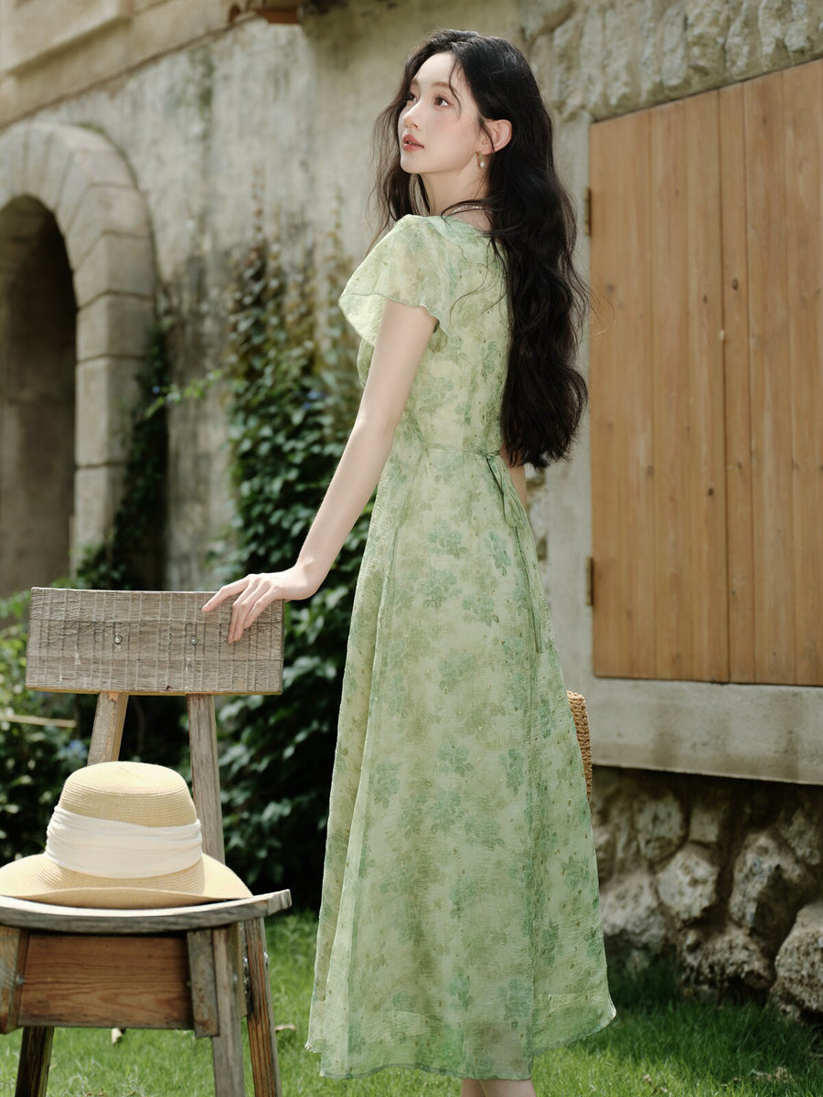 green emerald velvet dress Ivory Embroidered Square Neck Vintage Dress main image 0