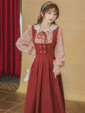 Frilled Collar Blouse + Red Pinafore Skirt