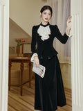 Black Elegant Top + Vintage Skirt 2pcs Set