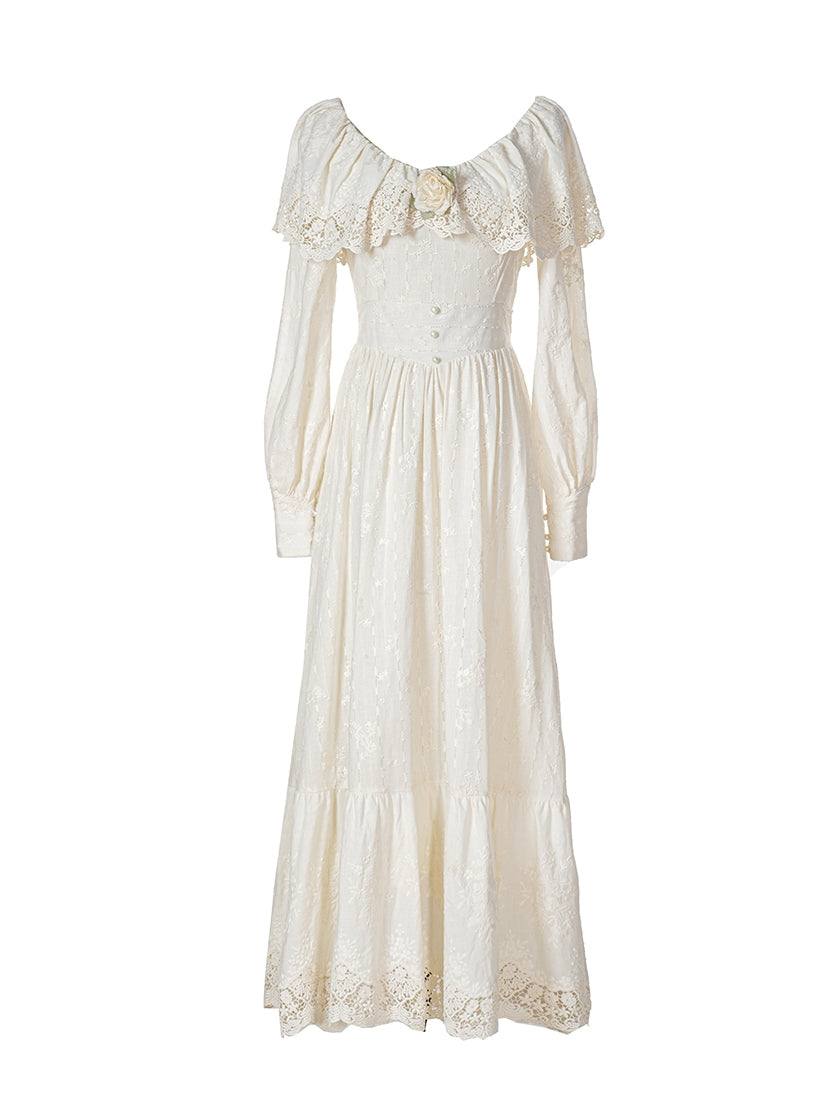 Vintage Lace Victorian Style Dress, Ecru Lace Party Dress + Slip S