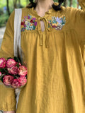 Frilled Collar Embroidered Linen Dress