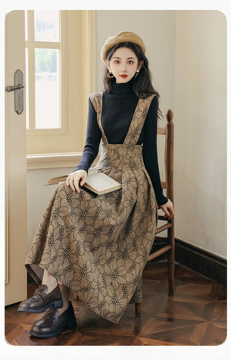 Plaid Pinafore Dress with Ribbed Turtleneck Sweater Set