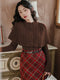 Vintage Caped Knit Top + Plaid Long Skirt 2pcs Set (Belt Included)