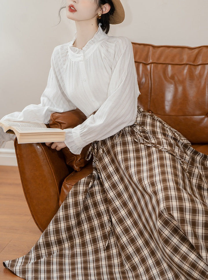 Ruffled Hem Blouse + Side Lace Up Pinafore Skirt