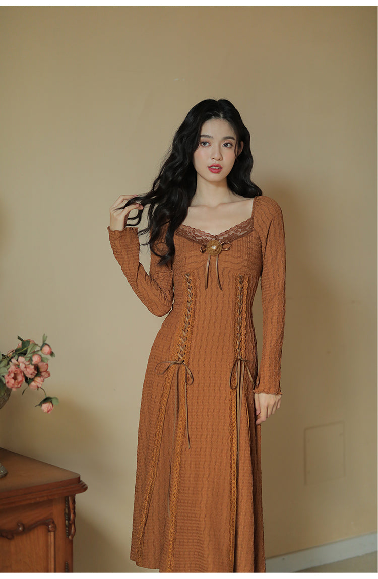 Lace Up Knot Bell Sleeve Waffle Knit Lace Dress