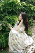 Ramie Lace Trim V Neck Floral Dress