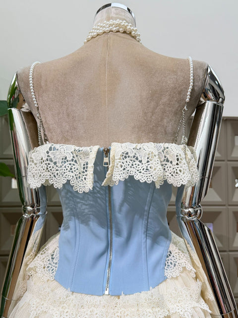 Lace-Trimmed Ruffled Seersucker 2pcs Set - The Cottagecore