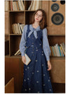 Vintage Academia Striped Blouse + Denim Vest + Skirt 3pcs Set