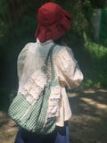 Lace Trim Drawstring Linen Shoulder Bag