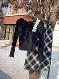Elegant Knit Top + Plaid Slit Skirt
