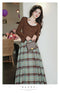 Frilled Halter Knit Top + Plaid Long Skirt 2pcs Set