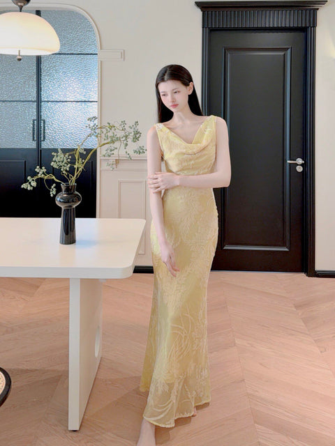 Velvet Draped Neck Fishtail Dress - The Cottagecore