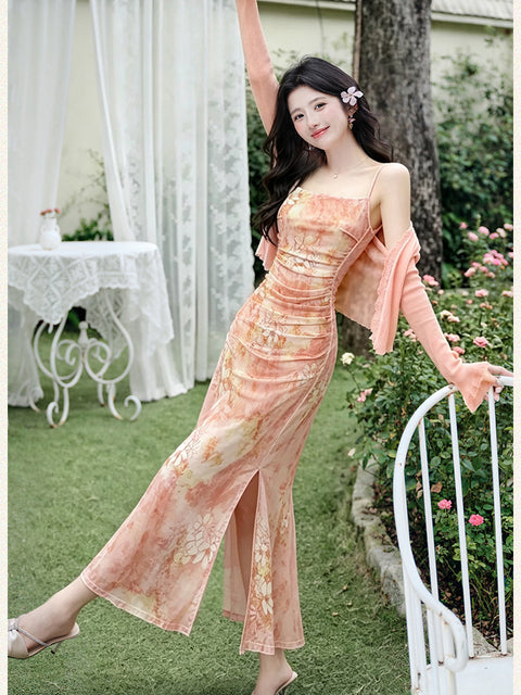 French-Style Oil Painting Print Slip Dress 2pcs Set