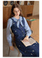 Vintage Academia Striped Blouse + Denim Vest + Skirt 3pcs Set