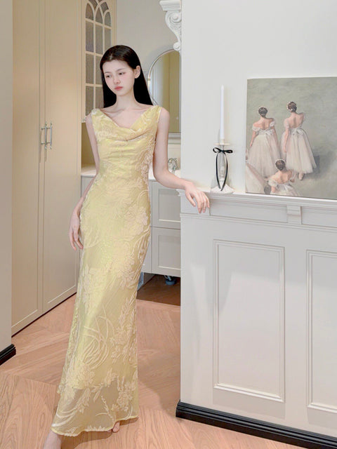 Velvet Draped Neck Fishtail Dress - The Cottagecore