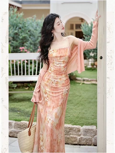 French-Style Oil Painting Print Slip Dress 2pcs Set