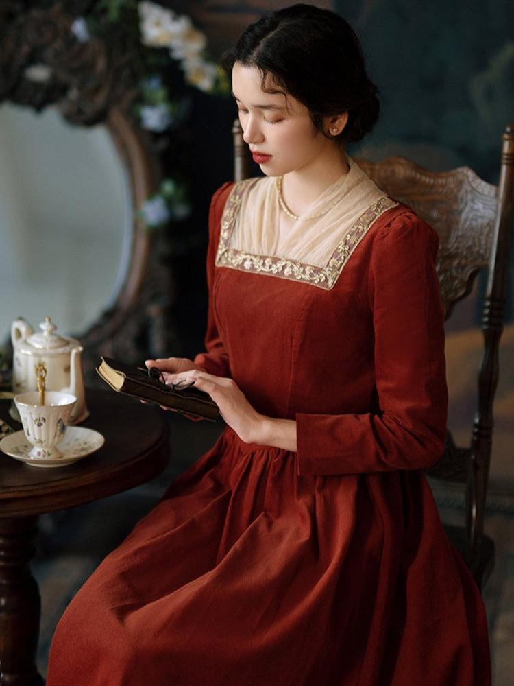 Royalcore Red Cotton Corduroy Vintage Dress– The Cottagecore