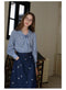 Vintage Academia Striped Blouse + Denim Vest + Skirt 3pcs Set