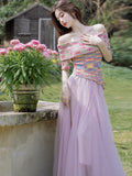 Dreamy Off Shoulder Knitted Top + Tulle Skirt 2pcs Set