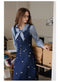 Vintage Academia Striped Blouse + Denim Vest + Skirt 3pcs Set