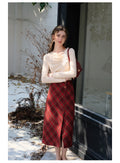 Romantic Knit Top + Plaid Slit Skirt