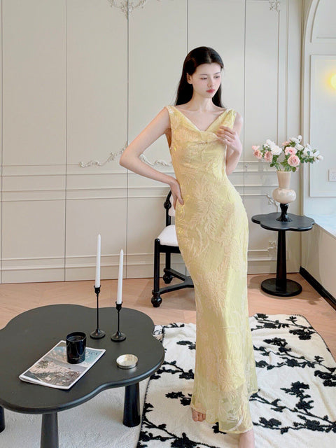 Velvet Draped Neck Fishtail Dress - The Cottagecore