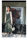 Lace Collar Top + Woolen Plaid Pinafore Dress