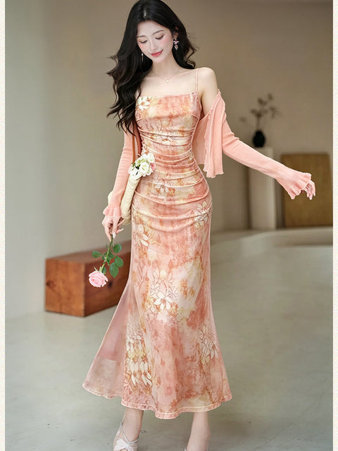 French-Style Oil Painting Print Slip Dress 2pcs Set