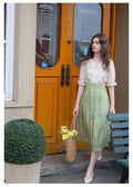 Embroidered Chiffon Shirt + High Waist Pinafore Skirt