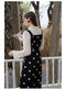 Polka Dot Overall Dress + Frilled Collar Top 2pcs Set